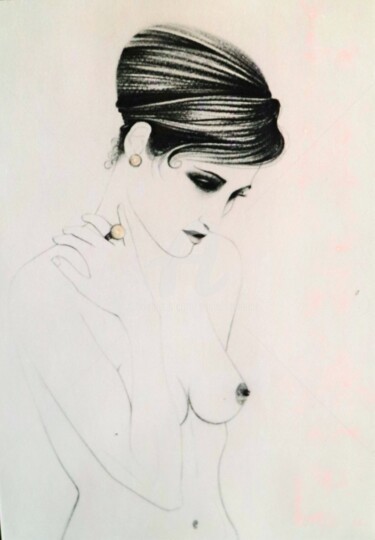 Dessin intitulée "FEMME AUX DEUX PERL…" par Paula Clemence, Œuvre d'art originale, Crayon