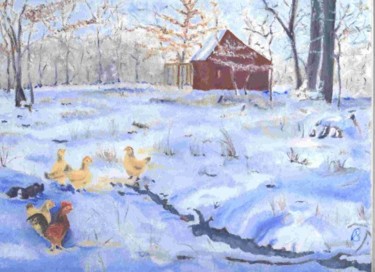 Painting titled "Banties First Snow" by Paula Emery, Original Artwork, Oil