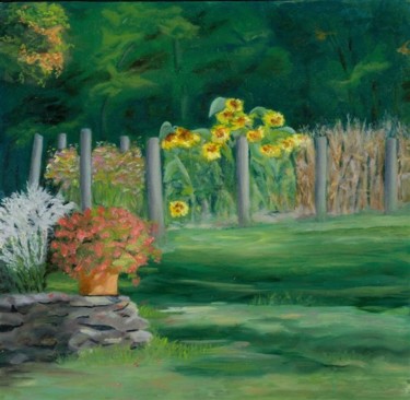 Schilderij getiteld "The Farm Gardens" door Paula Emery, Origineel Kunstwerk, Olie