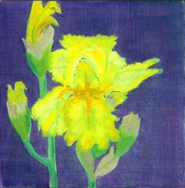 Painting titled "Yellow Iris" by Paula Emery, Original Artwork, Oil