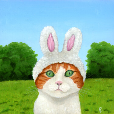 Painting titled "Funny Kitty" by Paula Valdivia, Original Artwork, Oil Mounted on Wood Panel