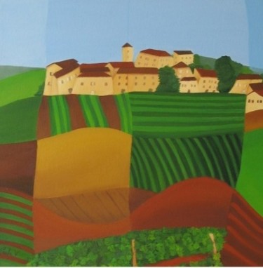 Pittura intitolato "Village Beaujolais" da Paula Valdivia, Opera d'arte originale, Olio Montato su Telaio per barella in leg…