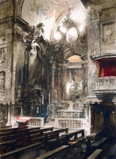 Peinture intitulée "L'église Santa Mari…" par Paul Dmoch, Œuvre d'art originale, Aquarelle