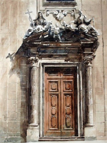 Painting titled "Portail, Piazza San…" by Paul Dmoch, Original Artwork, Watercolor