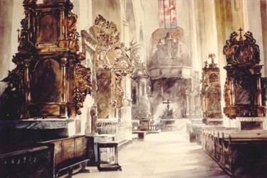 Peinture intitulée "Collatéral, Eglise…" par Paul Dmoch, Œuvre d'art originale, Aquarelle