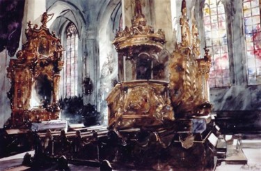 Painting titled "Chaire, Eglise de S…" by Paul Dmoch, Original Artwork, Watercolor
