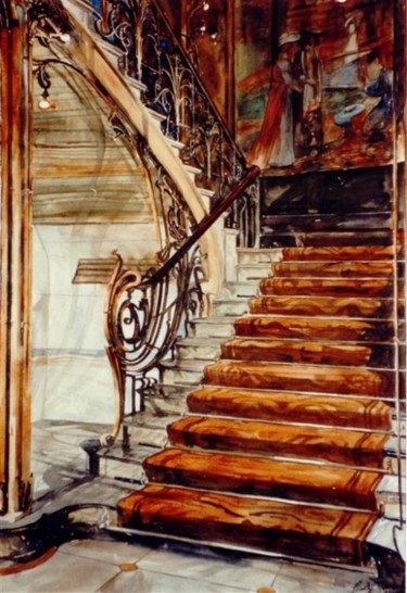 Peinture intitulée "Cage d'escalier - f…" par Paul Dmoch, Œuvre d'art originale, Aquarelle