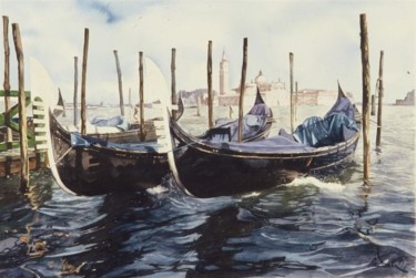 Peinture intitulée "Deux gondoles, Veni…" par Paul Dmoch, Œuvre d'art originale, Aquarelle