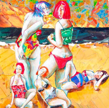 Painting titled "LES BAIGNEUSES" by Paule-Andree Maraval, Original Artwork, Oil Mounted on Wood Stretcher frame