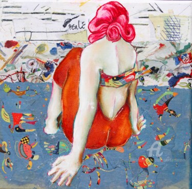 Painting titled "PERLE A LA PLAGE" by Paule-Andree Maraval, Original Artwork, Oil Mounted on Wood Stretcher frame