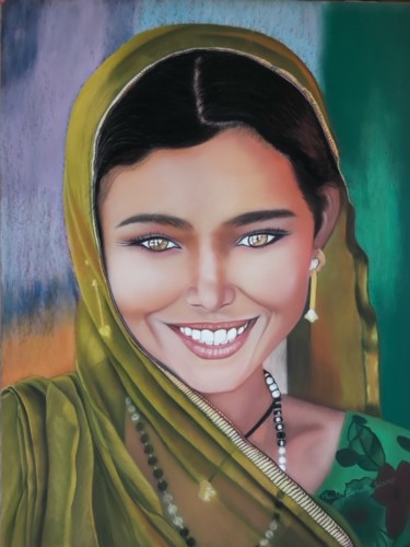 Peinture intitulée "Femme du Rajasthan" par Paule Benatti, Œuvre d'art originale, Pastel Monté sur Carton