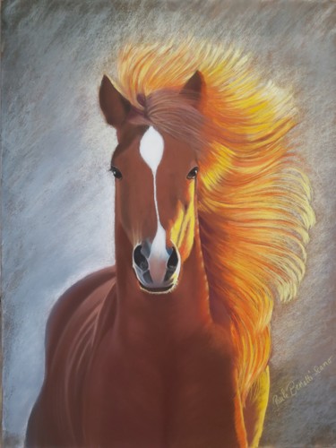 Painting titled "CHEVAL (Flamboyant)" by Paule Benatti, Original Artwork, Pastel Mounted on Cardboard