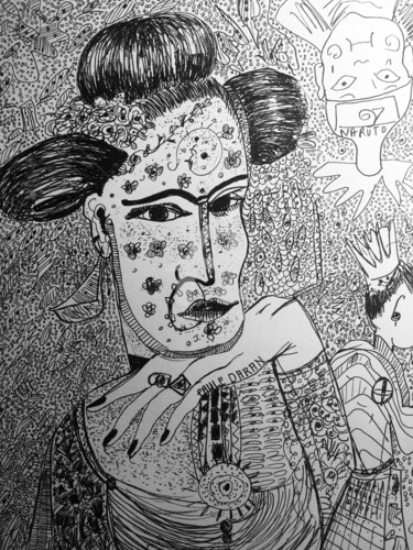 Dessin intitulée "Tatoo samouraï" par Paule Daran, Œuvre d'art originale, Encre