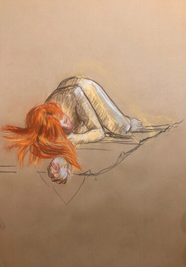 Drawing titled "Francesca allongée" by Paule Guerin, Original Artwork, Conté
