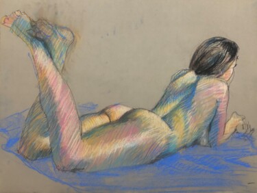 Drawing titled "Nue allongée nacrée" by Paule Guerin, Original Artwork, Pastel