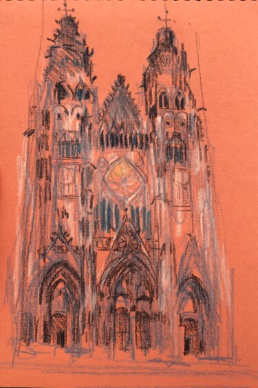 Rysunek zatytułowany „Cathédrale de Tours” autorstwa Paule Guerin, Oryginalna praca, Pastel