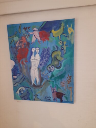 Painting titled "Hommage à chagall" by Paule Rochet, Original Artwork, Oil Mounted on Wood Stretcher frame