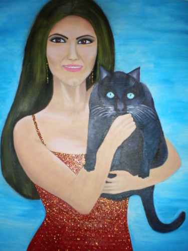 Pintura titulada "La Dama del Gato Ne…" por Paulette, Obra de arte original, Oleo