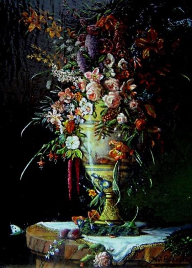 Schilderij getiteld "Bloemstuk met fruit" door Paul Gosselin, Origineel Kunstwerk, Anders