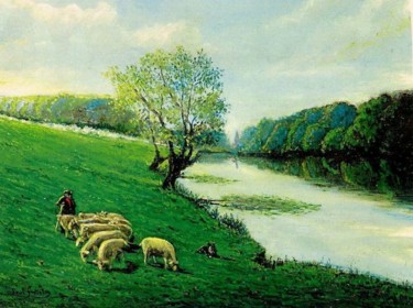 Peinture intitulée "Schapen langs het w…" par Paul Gosselin, Œuvre d'art originale, Huile