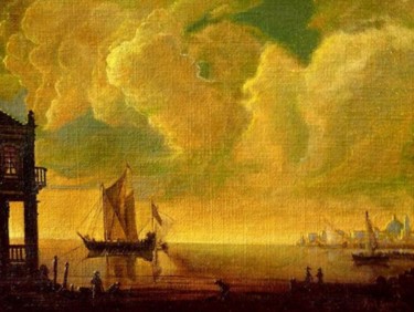 Schilderij getiteld "Haven bij zonsonder…" door Paul Gosselin, Origineel Kunstwerk, Anders