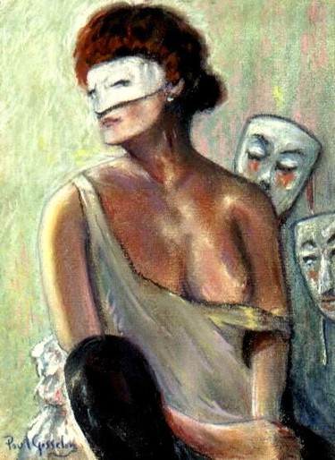 Schilderij getiteld "Dame met maskers" door Paul Gosselin, Origineel Kunstwerk, Olie