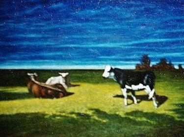 Schilderij getiteld "Koeien bij Maanlicht" door Paul Gosselin, Origineel Kunstwerk, Olie