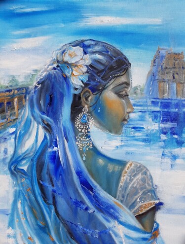 Painting titled "Blue veil" by Pauline Cazes, Original Artwork, Oil Mounted on Wood Stretcher frame
