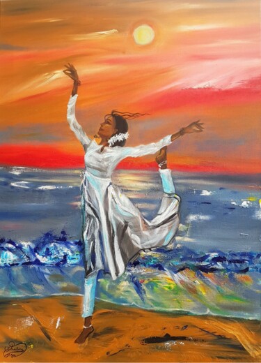 Painting titled "Sunset dancer" by Pauline Cazes, Original Artwork, Oil Mounted on Wood Stretcher frame