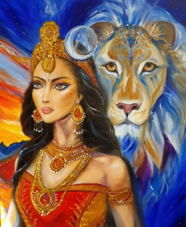 Painting titled "Durga and lion" by Pauline Cazes, Original Artwork, Oil Mounted on Wood Stretcher frame
