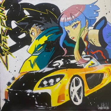 Painting titled "Love, cars and manga" by Pauline Cornee, Original Artwork, Acrylic Mounted on Wood Stretcher frame