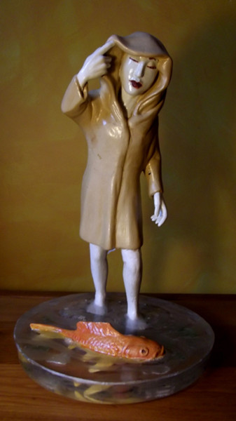 Sculpture intitulée "Japonaise et carpe…" par Pauline Balland, Œuvre d'art originale, Techniques mixtes