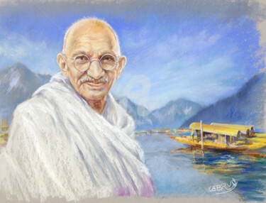 Painting titled "Gandhi" by Paul Lebrun, Original Artwork, Pastel