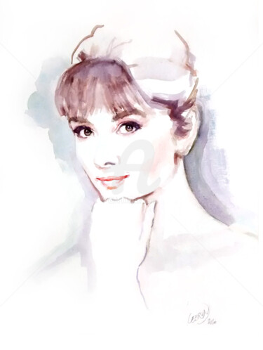 Painting titled "Portrait d'Audrey H…" by Paul Lebrun, Original Artwork, Watercolor