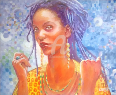 Painting titled "Africaine_or" by Paul Lebrun, Original Artwork, Acrylic