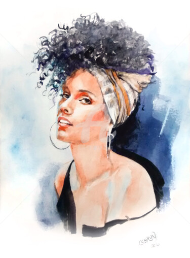Painting titled "Alicia Keys -Portra…" by Paul Lebrun, Original Artwork, Watercolor