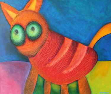 Painting titled "the red cat" by Paul Megens, Original Artwork, Acrylic Mounted on Aluminium