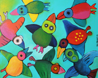 Картина под названием "birds !" - Paul Megens, Подлинное произведение искусства, Акрил Установлен на Алюминий