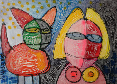 Painting titled "'pet love'" by Paul Megens, Original Artwork, Acrylic Mounted on Wood Stretcher frame