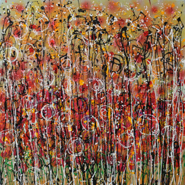 Ζωγραφική με τίτλο "'flowers - -autumn'" από Paul Megens, Αυθεντικά έργα τέχνης, Ακρυλικό Τοποθετήθηκε στο Ξύλινο φορείο σκε…
