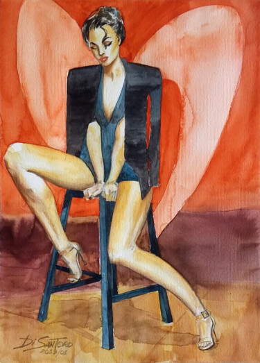 Painting titled "Mulher com paletó" by Paulo Di Santoro, Original Artwork, Watercolor