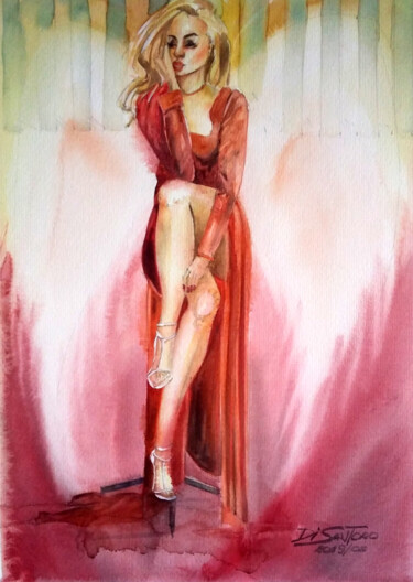 Pittura intitolato "Mulher de vestido v…" da Paulo Di Santoro, Opera d'arte originale, Acquarello
