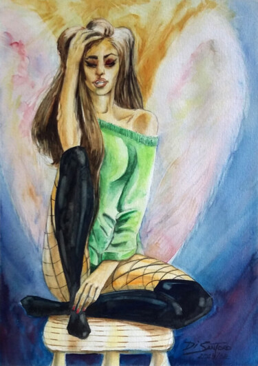 Painting titled "Mulher no Banco" by Paulo Di Santoro, Original Artwork, Watercolor