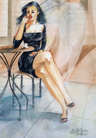 Painting titled "Hora do Café" by Paulo Di Santoro, Original Artwork, Watercolor