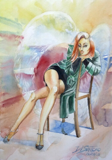 Painting titled "Sentada na Cadeira" by Paulo Di Santoro, Original Artwork, Watercolor