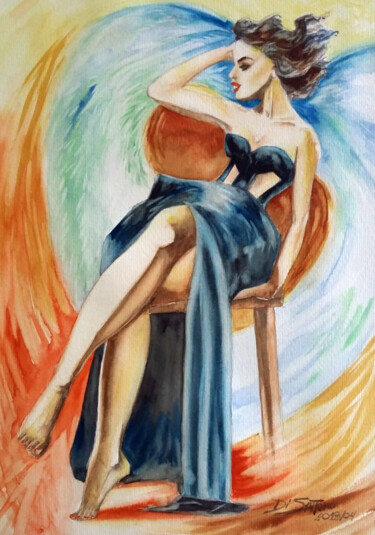Pintura titulada "A Dama de Preto" por Paulo Di Santoro, Obra de arte original, Acuarela