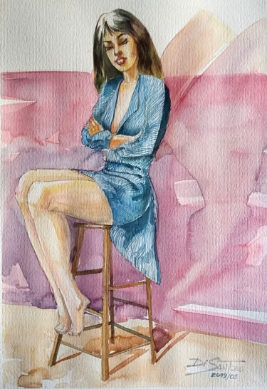 Painting titled "Mulher falando" by Paulo Di Santoro, Original Artwork, Watercolor