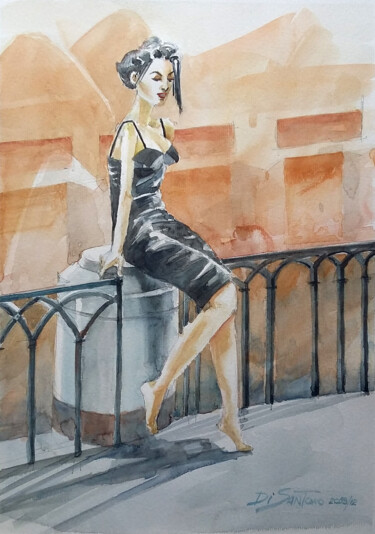 Pintura intitulada "Mulher na Ponte" por Paulo Di Santoro, Obras de arte originais, Aquarela