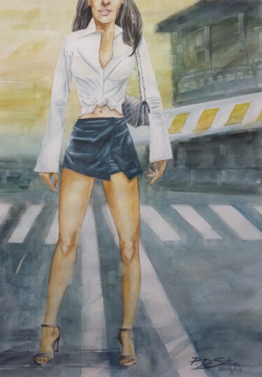 Pintura titulada "Caminhando com bolsa" por Paulo Di Santoro, Obra de arte original, Acuarela