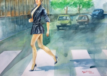 Malerei mit dem Titel "Atravessando a Rua" von Paulo Di Santoro, Original-Kunstwerk, Aquarell